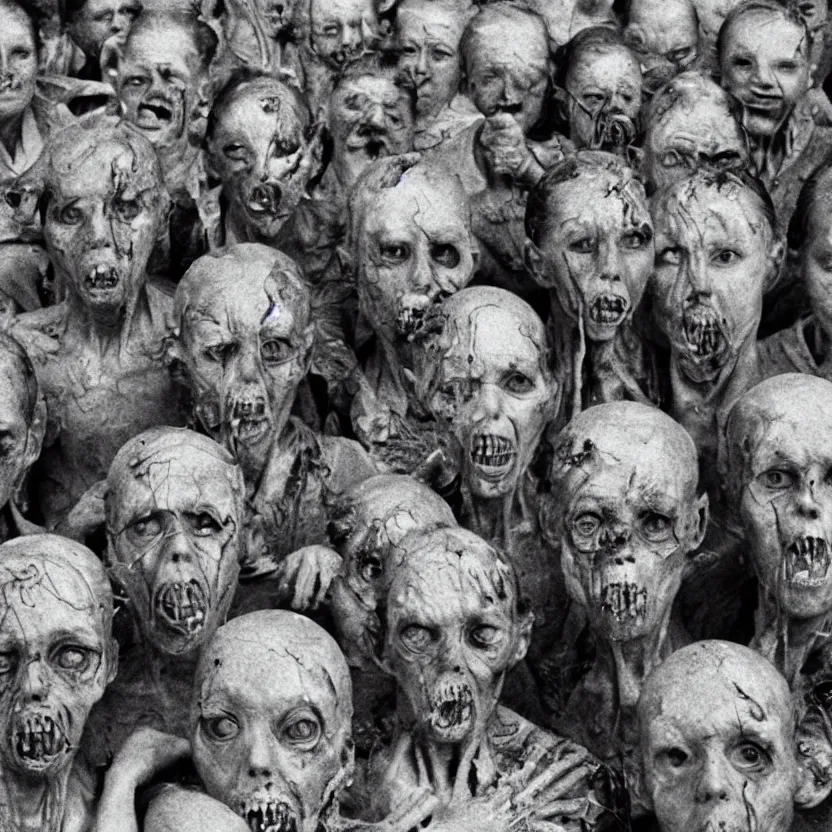 Image similar to group of deformed irradiated people with acute radiation sickness flaking, melting, rotting skin wearing 1950s clothing background a 1950s nuclear wasteland. Photo is black and white award winning photo highly detailed, highly in focus, highly life-like, facial closeup taken on Arriflex 35 II, by stanley kubrick