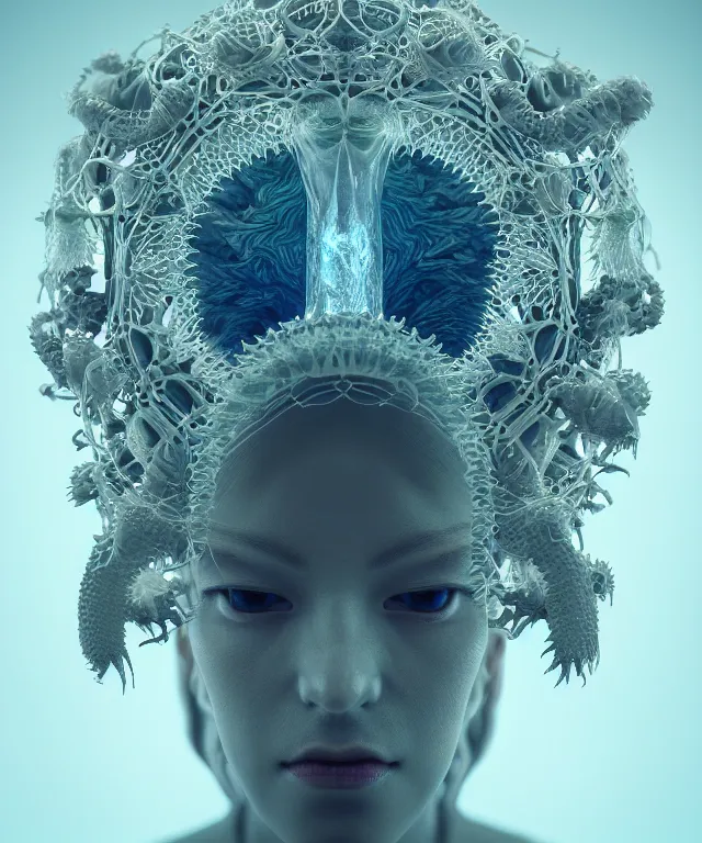 Image similar to symmetrical, centered, goddess close-up portrait wigh crown made of skulls. betta fish, phoenix, bioluminiscent creature, intricate artwork by Tooth Wu and wlop and beeple. octane render, trending on artstation, greg rutkowski very coherent symmetrical artwork. cinematic, hyper realism, high detail, octane render, 8k