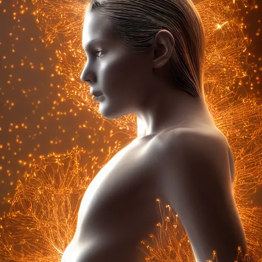 Image similar to a highly detailed digital image of a silver covered futuristic woman elegantly posed as the Vitruvian man beautifully intertwined in golden liquid like leaves shot, full body shot, by Andrew Chiampo, artstation, and Frederik Heyman, extremely detailed woman, stunning volumetric lighting, hyper realism, fantasy 4k