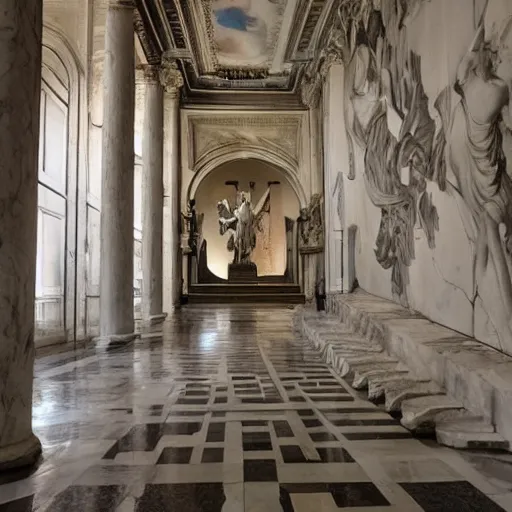 Image similar to greek architecture musem interior, with a sculpture of melting goddess made with concrete, off-white interior, stairs in the background, intricate details, photo realistic, vintage