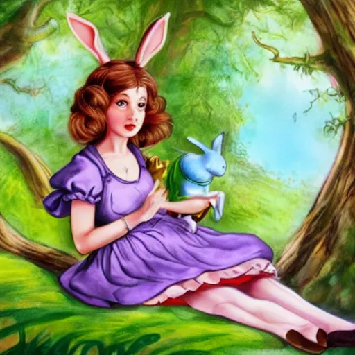 Image similar to alice from wonderland talking to a rabbit while sitting on top of a tree, realistic fantasy art in the style of enid blyton