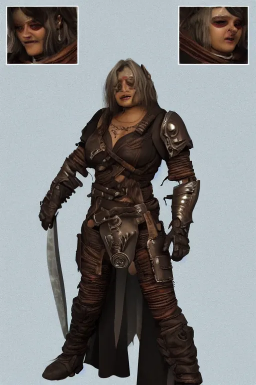 Image similar to gender : female, race : orc, job : bounty hunter, weapon : katana, clothes : leather armor, accessories : goggles, body type : strong hair style : wavy, concept art, trending on artstation 3 d.