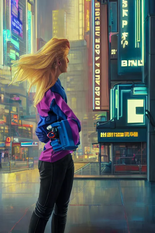 Image similar to blonde haired female lady wearing tech wear with a gun holster looking at a bank in a cyberpunk city full of high rise buildings and neon signs by Daniel F. Gerhartz, hyperrealistic oil painting, 4k, very detailed faces, studio lightning, hard focus, beautiful volumetric lighting, epic light, ultra detailed