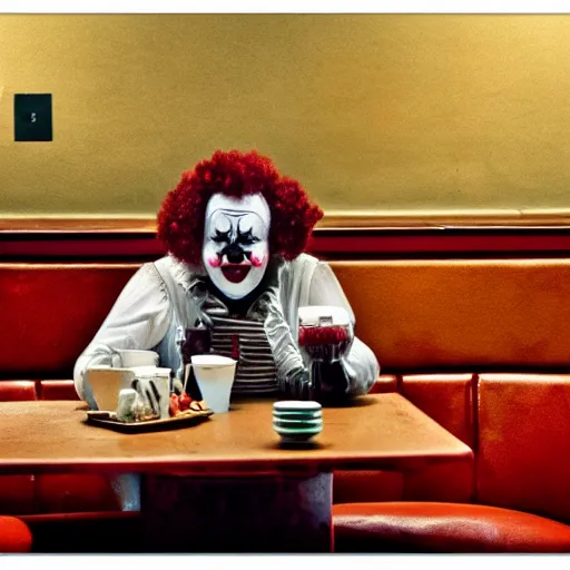 Prompt: Clown sitting in an empty diner at night, Gothic Art, color, award-winning art, horror, scary, eerie, ominous, unnerving, 8k