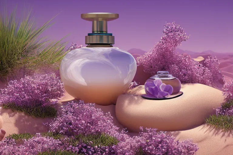 Prompt: perfume bottle buried in zen oasis hotspring by peter tarka in the middle of a desert with little flowers, soft lilac skies, silky smooth, dramatic, mid day, sand dune background, large scale, wind - swept, lots of detail, realistic lighting, octane render, by wlop, artgerm, trending on artstation