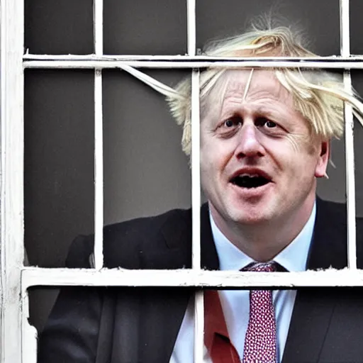 Image similar to a photo taken from the inside of an old house, showing window blinds being pulled back to reveal a terrifying boris johnson with his unhinged face pressed against the window and his bloody hands placed on the window, horrifying grin. horror, raining, night time, zoomed out