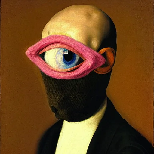 Image similar to portrait photo of a wool sock with giant eyes, face made from pixels and voxels, extremely high details, realistic, by Giuseppe Arcimboldo, Edward Hopper, Rene Margitte