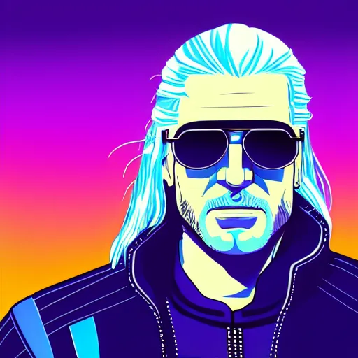 Image similar to 3 / 4 view closeup portrait of geralt of rivia with light blue shutter shades in front of a sunset, a dark purple leather jacket, vector art by jan tengnagel, pixabay contest winner, retrofuturism, retrowave, synthwave, outrun, portrait, synthwave