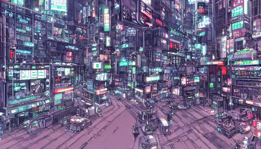 Image similar to Wide angle Concept Art of neo-Tokyo Bank, in the Style of Akira, Anime, Dystopian, Cyberpunk, Crypto Valut, Helicopter Drones, 19XX