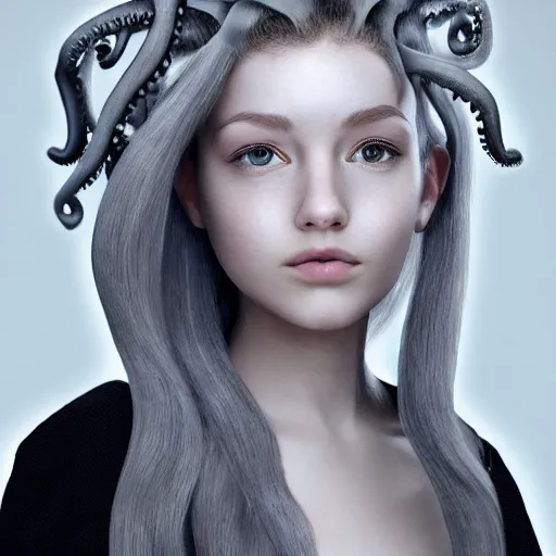 Image similar to A girl with a gray octopus for hair, very young and beautiful face, silver eyes, HD, hyper realistic