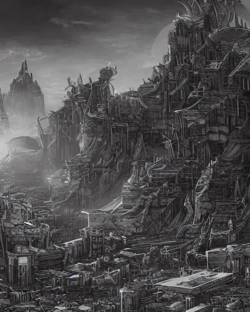 Image similar to the ivory fields, city of desert, buildings, black and white, environment art, fantasy art, landscape art, in the style of masami kurumada, illustration, epic, fantasy, intricate, hyper detailed, artstation, concept art, smooth, sharp focus, ray tracing