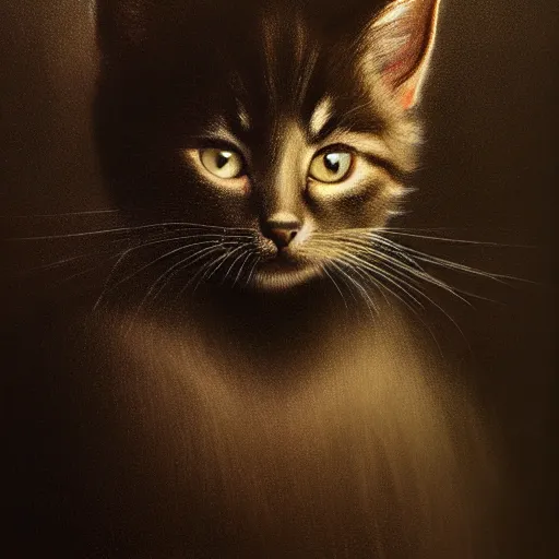 Image similar to a portrait of a kitten wearing a black cloak, cloak covering face, anatomically correct, beautiful perfect face, enigmatic, oil painting, matte, black background, Volumetric dynamic lighting, Highly Detailed, Cinematic Lighting, Unreal Engine, 8k, HD, by Beksinski