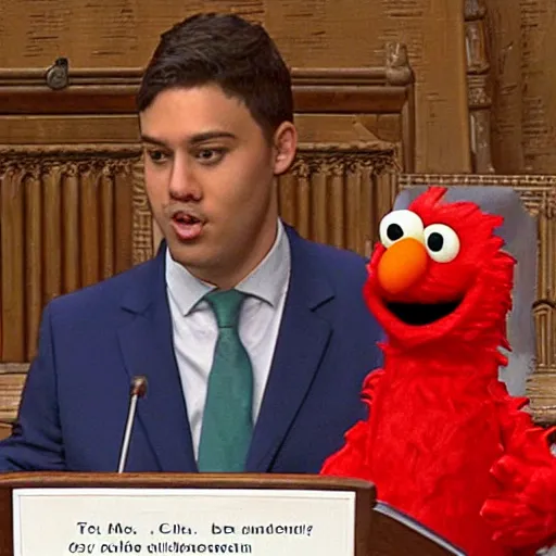 Image similar to Elmo speaking in british parliament while everything is burning around him