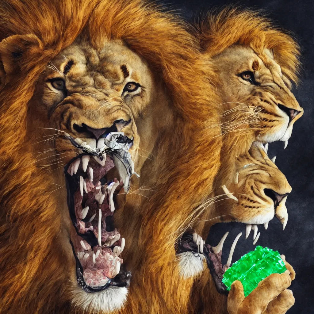 Image similar to a lion eating jello, arcain style, ultra detailed, concept art