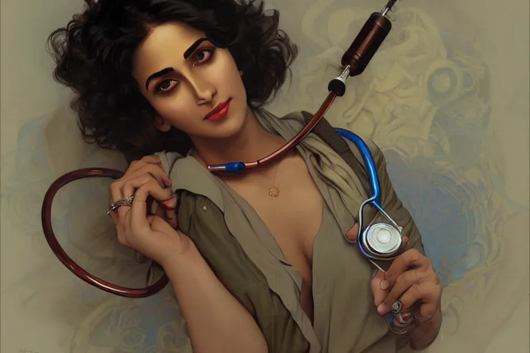 Image similar to sensual pale beautiful indian doctor in jeans with stethoscope, art deco portrait, elegant, intricate, digital painting, artstation, concept art, smooth, sharp focus, illustration, art by artgerm and greg rutkowski and alphonse mucha