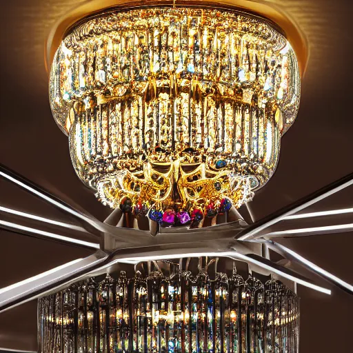 Image similar to complex cristal chandelier with anatomic description , gems, gold, bright colors ultrawide lens, details, studio lighting, realism, complex lights