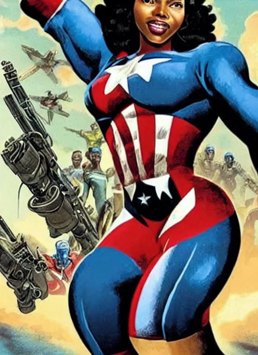 Image similar to beautiful black female captain america. afro - feminist captain america wins wwii. american wwii propaganda poster by james gurney, rob liefeld and pixar. gorgeous face. overwatch, realistic. black power