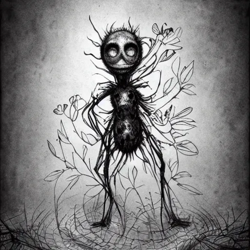 Image similar to surrealism grunge cartoon sketch of a human spider with a wide smile holding flowers by - michael karcz, loony toons style, horror theme, detailed, elegant, intricate