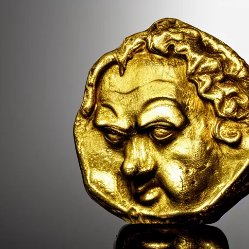 Prompt: an ancient roman gold coin with the face of a clown, close up photo, ultra realistic, studio photo, bokeh.