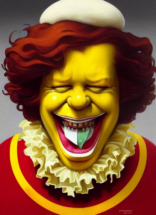 Image similar to close up portrait of ronald mcdonald, yellow jumper with white collar, fries and chicken nuggets swirling by artgerm, cushart krenz, greg rutkowski, mucha. art nouveau. gloomhaven, golden arches logo, pale colors, sharp edges. ultra clear detailed. 8 k. elegant, intricate, octane render