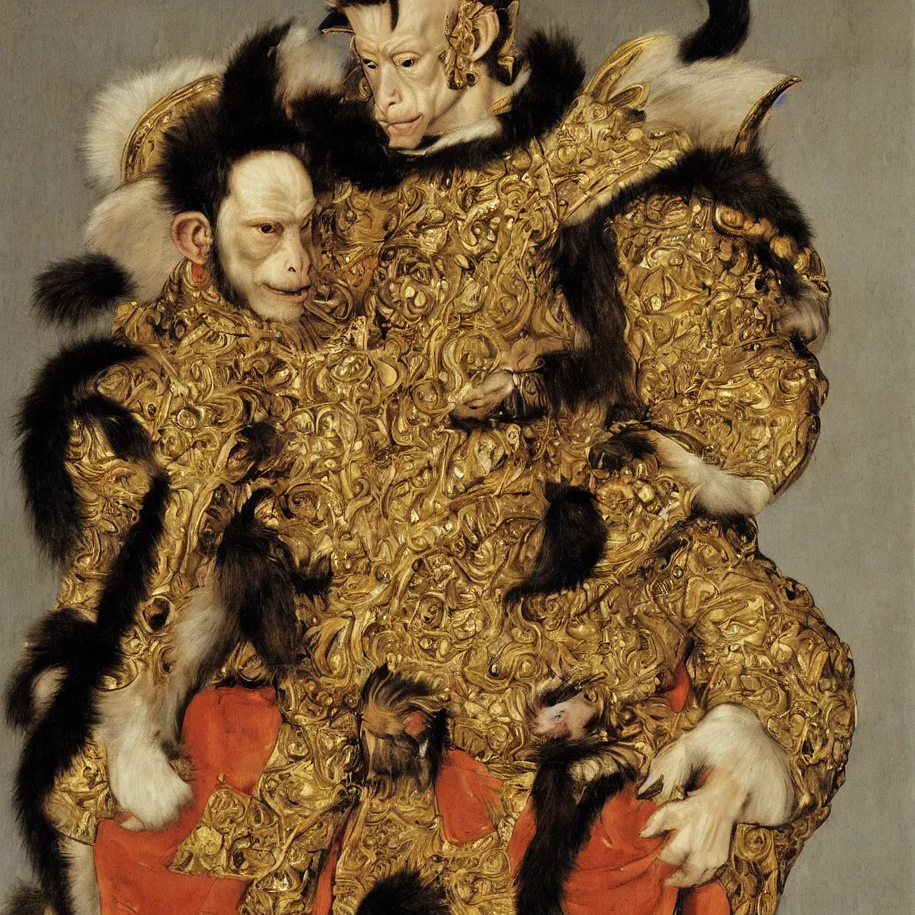 Image similar to portrait of a monkey king of spain, artwork by velazquez, wearing a donkey ears