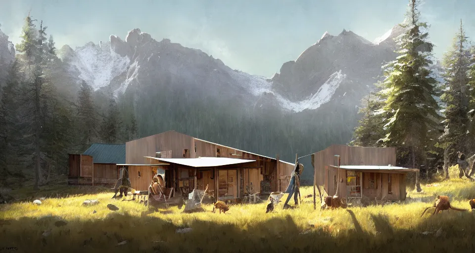 Image similar to cabela's beautiful comfortable modular insulated wall kit - house all weather family dwelling tent house, person in foreground, mountainous forested wilderness open fields, beautiful views, painterly concept art, joanna gaines, environmental concept art, farmhouse, magnolia, concept art illustration, by james gurney, by craig mullins, by greg rutkowski trending on artstation