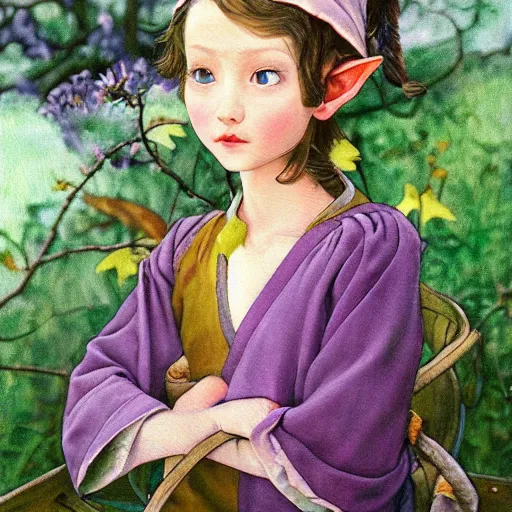 Image similar to little elf tomboy, purple tunic, soft hair. light color palate, detailed soft painting, ayami kojima, anatomically correct, inspired in balthus