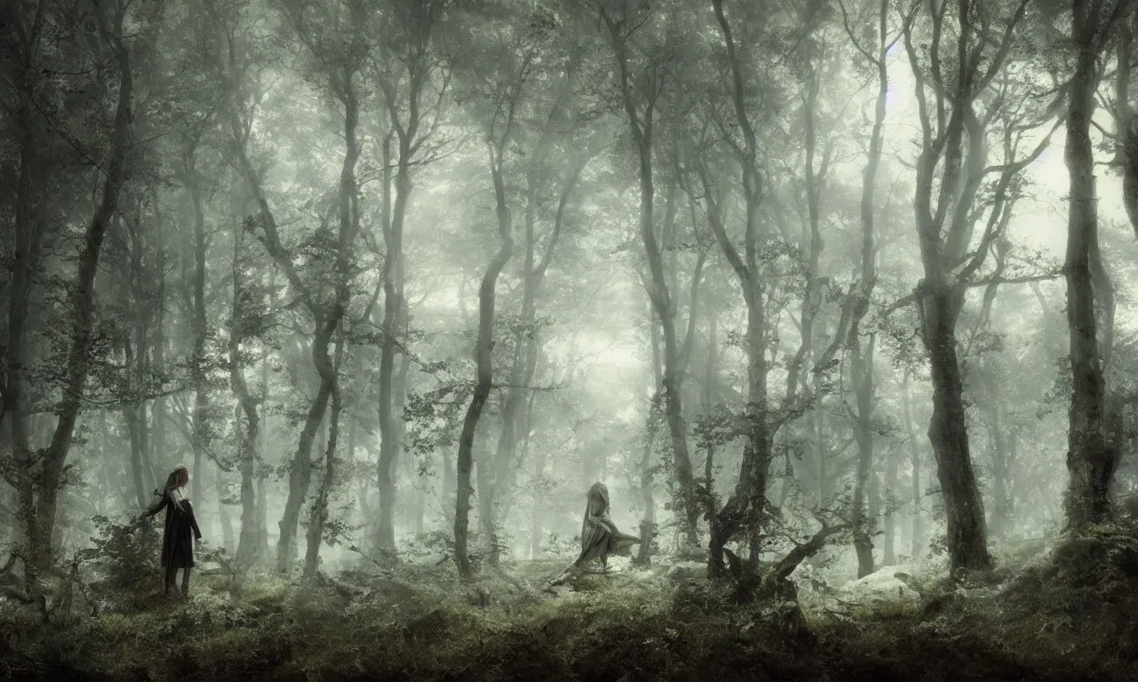 Prompt: cate blanchett, hero of the woods. andreas achenbach, mikko lagerstedt, zack snyder, tokujin yoshioka