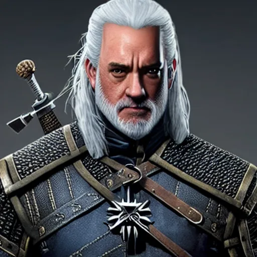 Image similar to a portrait of tom hanks as geralt the witcher from the witcher 3