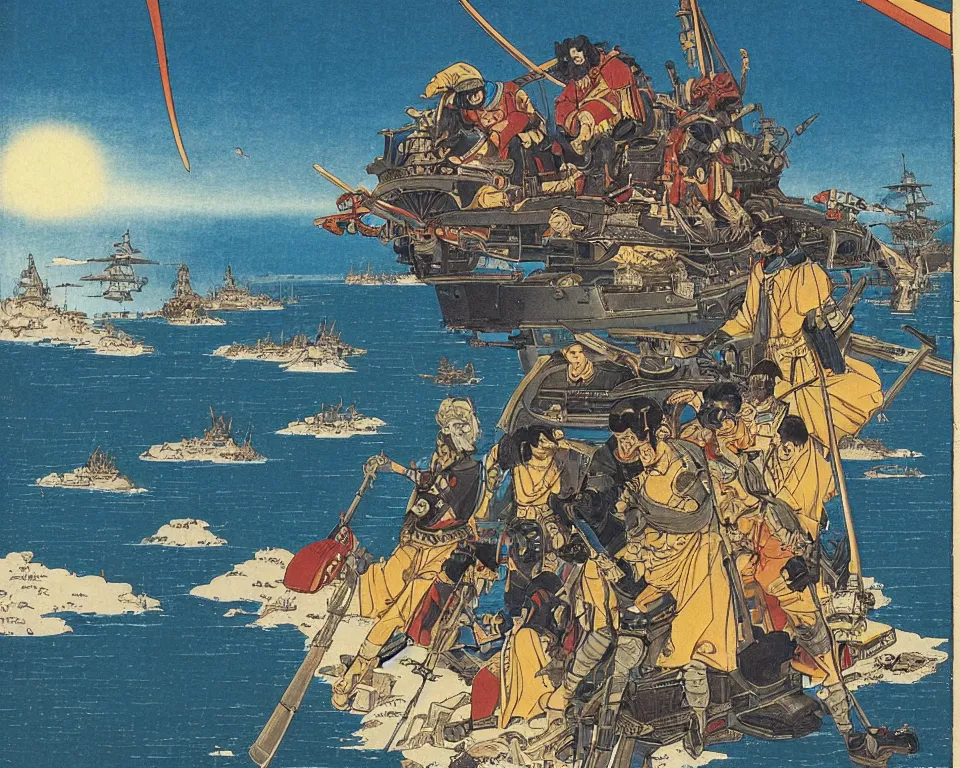 Image similar to the golden age of intergalactic piracy by Raphael and Hasui Kawase.