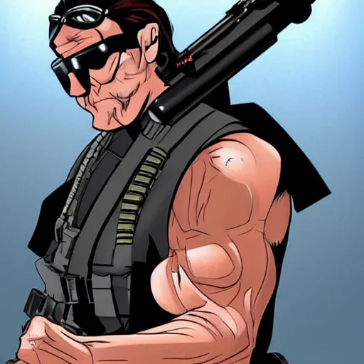 Image similar to muscular man, black vest with no shirt underneath, goggles around his neck, cargo pants, ammo belt, holding a blaster, star wars, long black hair in a ponytail, five o' clock shadow, comic book art, distance shot