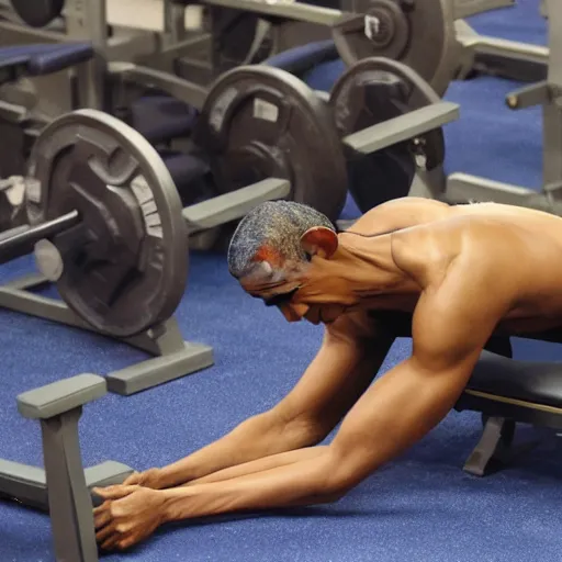 Prompt: barack obama doing bench presses lying down