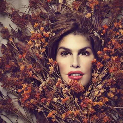 Image similar to fine art photo of cindy crawford, she has a crown of dried flowers, by oleg oprisco