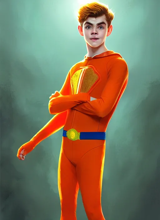 Image similar to kind teenage archie andrews wearing an orange superhero costume, freckles, superhero costume with heart emblem, cape, intricate, elegant, glowing lights, highly detailed, digital painting, artstation, sharp focus, illustration, art by wlop, mars ravelo and greg rutkowski