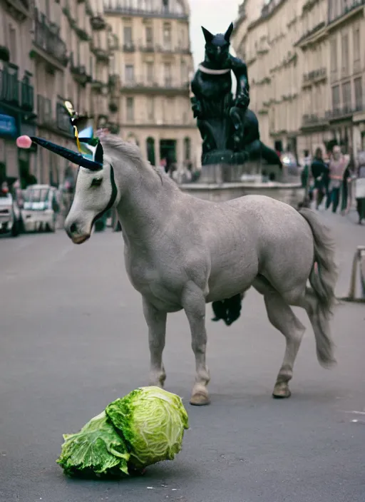 Prompt: a unicorn in paris with a cabbage and a cat out flying out of its horn, canon 5 d 5 0 mm lens kodachrome