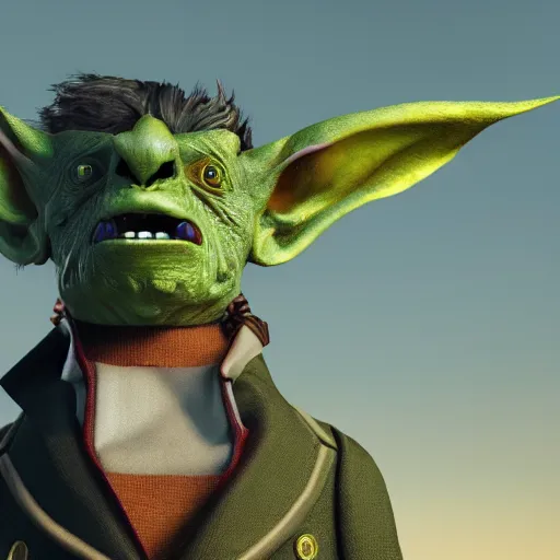 Prompt: medium portrait of a goblin, green skin, high collar, fashionable jacket, ffxiv, final fantasy 1 4 screenshot, octane render, 8 k, fantasy, rule of thirds, sharp focus