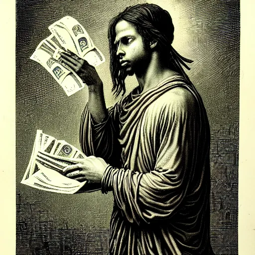 Prompt: lil durk rapper holding stacks of cash, biblical image, style of gustave dore, highly detailed, beautiful, high contrast, black and white