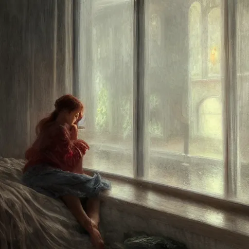 Image similar to on a rainy day, someone in home sits in bed, curled up under the covers, watching the rain outside the window, cinematic, artstation, extremely detailed, intricate, cinematic lighting, art by pierre - auguste renoir, greg rutkowski