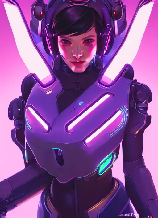 Image similar to symmetry portrait of dva from overwatch, closeup, sci - fi, tech wear, glowing lights intricate, elegant, highly detailed, digital painting, artstation, concept art, smooth, sharp focus, illustration, art by artgerm and greg rutkowski and alphonse mucha