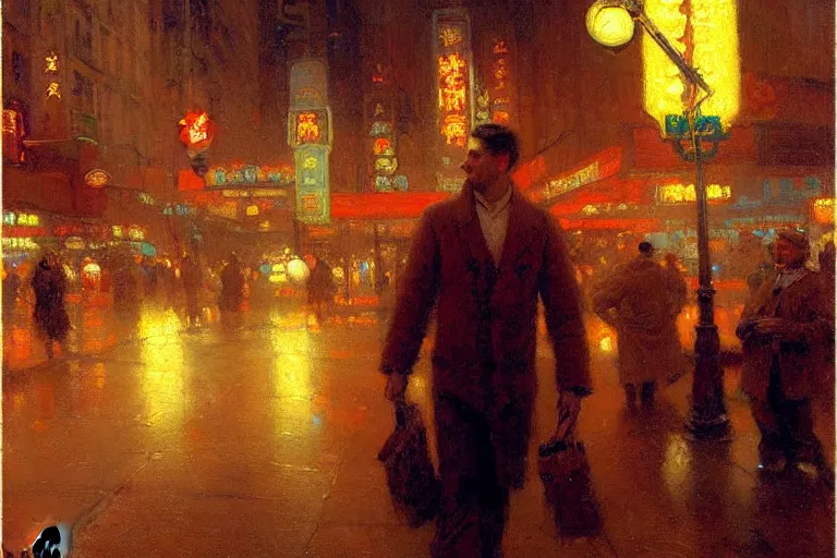 Image similar to winter, attractive male, neon light, chinatown, painting by gaston bussiere, craig mullins, j. c. leyendecker