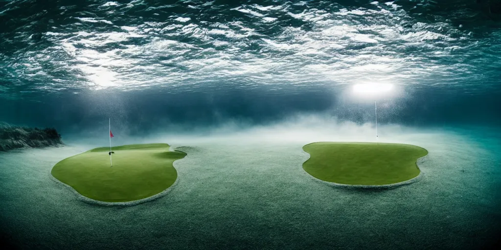 Image similar to a great photograph of the most amazing golf hole in the world under water, fish everywhere, perfect light, ambient light, 5 0 mm, golf digest, top 1 0 0, fog