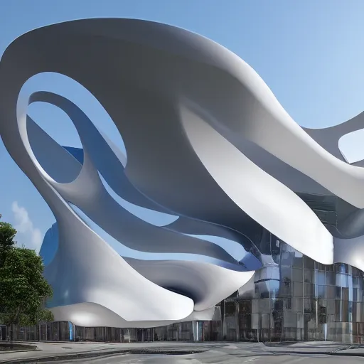 Prompt: raffaello moroder scissors building, external view, designed by zaha hadid, v ray, hd, futuristic