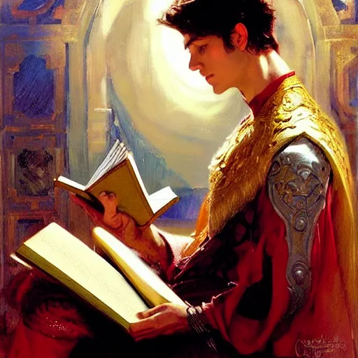 Prompt: stunning male master wizard reading his forbidden magical book, highly detailed painting by gaston bussiere, craig mullins, j. c. leyendecker, 8 k