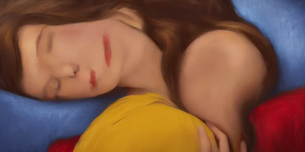 Prompt: beautiful oil matte portrait painting, young woman with closed eyes lying on a red bedsheet with blue pillows wearing a mustard yellow dress, detailed face, wonderful masterpiece highly detailed, beautiful cinematic light deep focus, elegant, digital painting, smooth, sharp focus, golden ratio, dramatic illumination, ultra realistic, 8 k, art by jimmy law