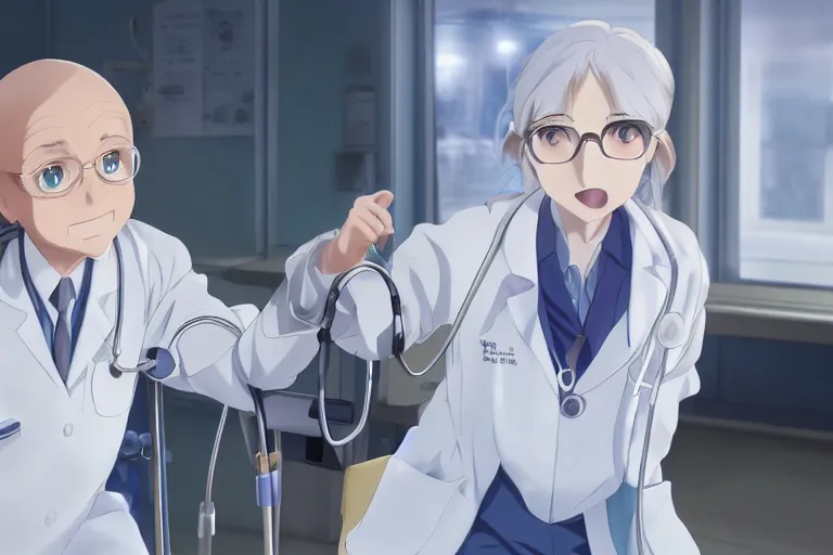 Image similar to a cute young female doctor wearing white coat, an old man of 80 years in a wheelchair, hospital ward, slice of life anime, cinematic, realistic, highly detailed, 8kHDR, anime scenery by Makoto shinkai