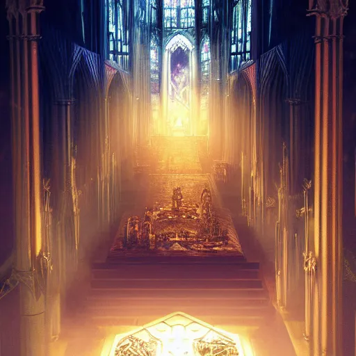 Image similar to an ultra detailed tarot card of the throne of the evil patriarch up incredibly high looking down into the cathedral, incense smoke drifting through the air, artstation, volumetric lighting, exquisite detail, octane render, 8 k postprocessing, art by john collier and albert aublet