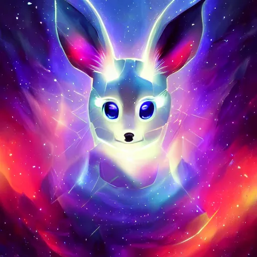Image similar to geometric symmetrical eevee with galaxy eyes in space, nebula in the background, intricate, elegant, highly detailed, digital painting, artstation, concept art, smooth, sharp focus, illustration, art by artgerm
