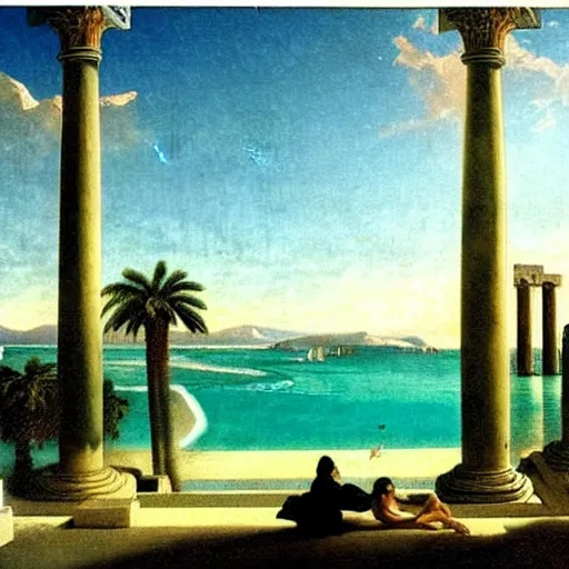 Image similar to Giant columns palace, thunderstorm, greek pool, beach and palm trees on the background major arcana sky, by paul delaroche, magazine photo from 2007, hyperrealistic 8k, very detailed