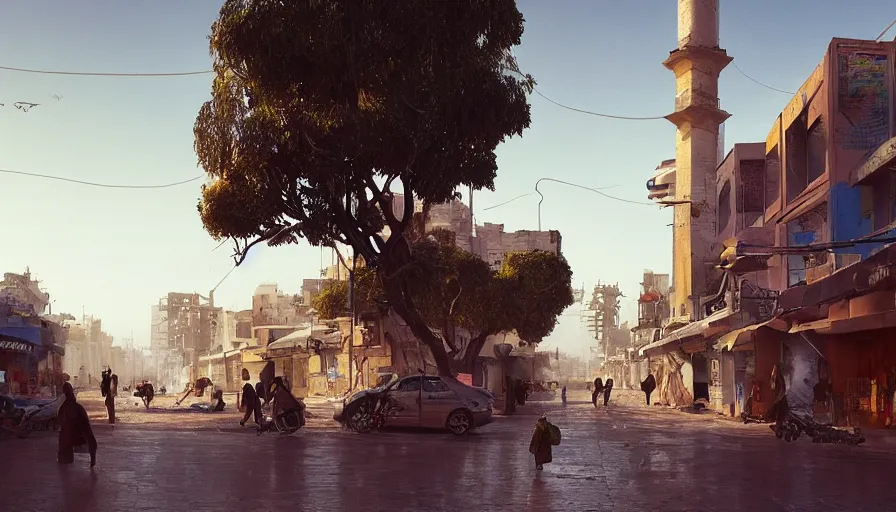 Image similar to jeddah city street, roshan, shops, a bright pharmacy, a nomad wearing a worn out coat, plants, old tree, kids, dramatic lighting fantasy, sci fi, by caspar david friedrich by beeple and james gilleard and justin gerard, centered, artstation, smooth, sharp focus, photoreal octane render, by jean baptiste monge