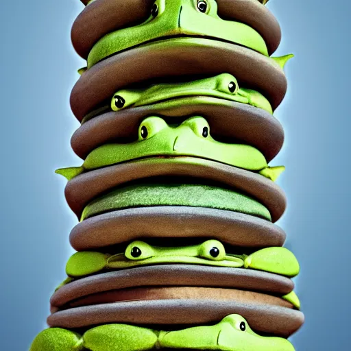 Prompt: a tower of frogs stacked on top of each other